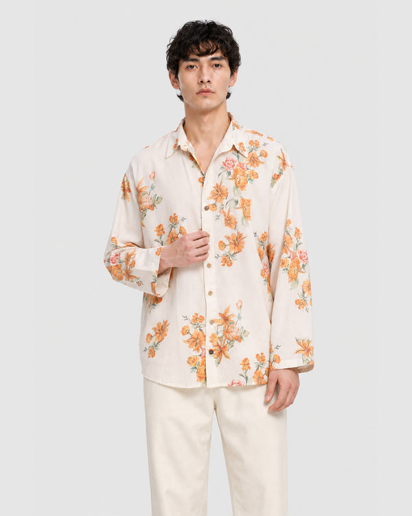 Aura Floral Open Sleeve Shirt Beige