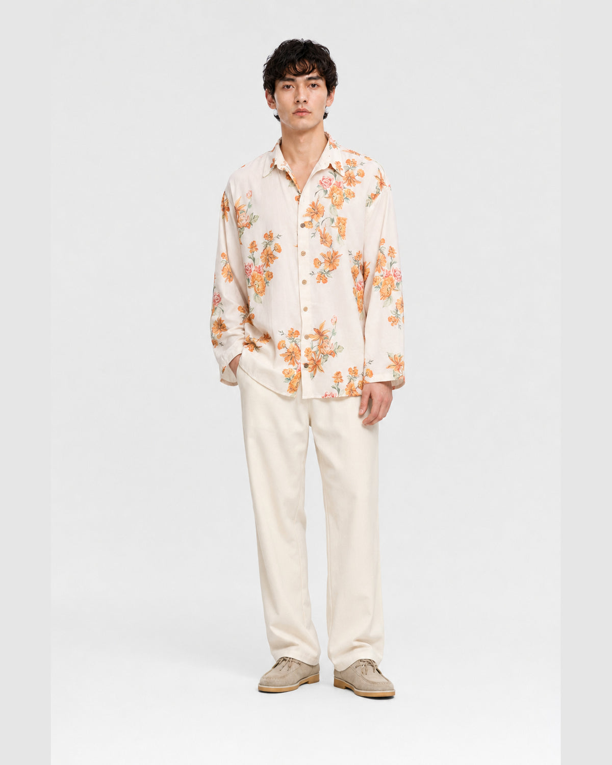 Aura Floral Open Sleeve Shirt Beige